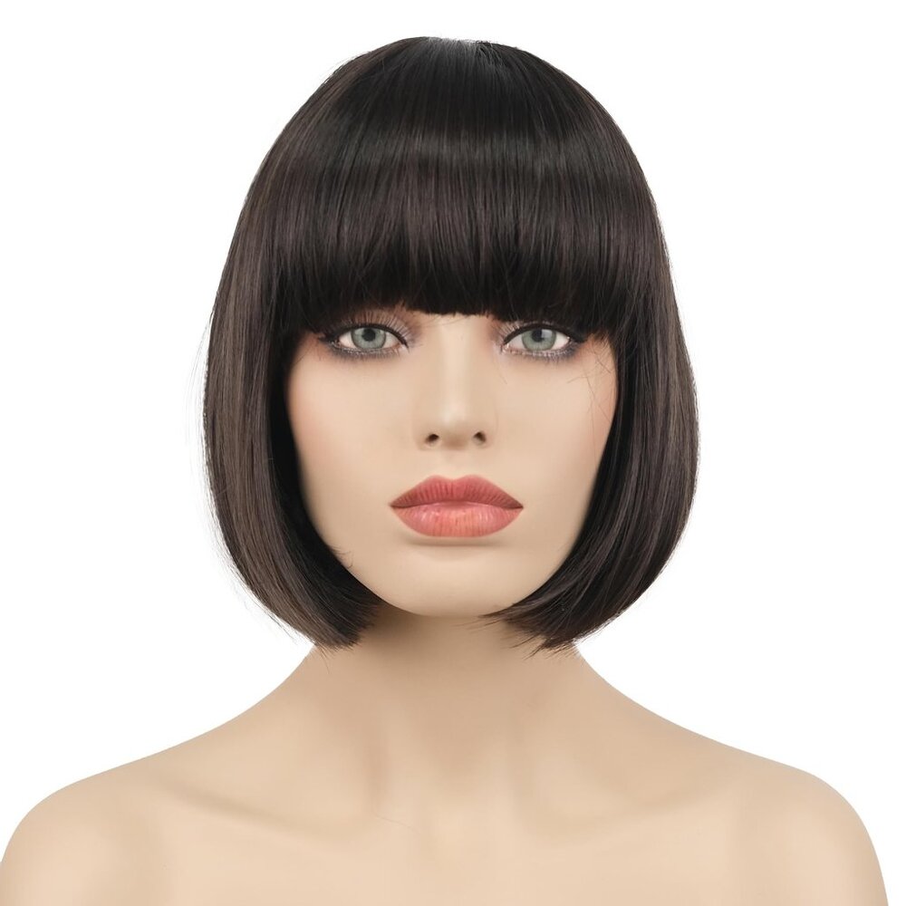 Lydell 8" Straight Short Bob Hair Flat Bangs Cute Central Dot Skin Top Heat Resi